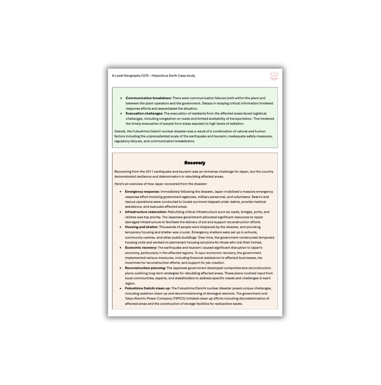 Japan Hazardous Earth Case Study A-Level Geography OCR