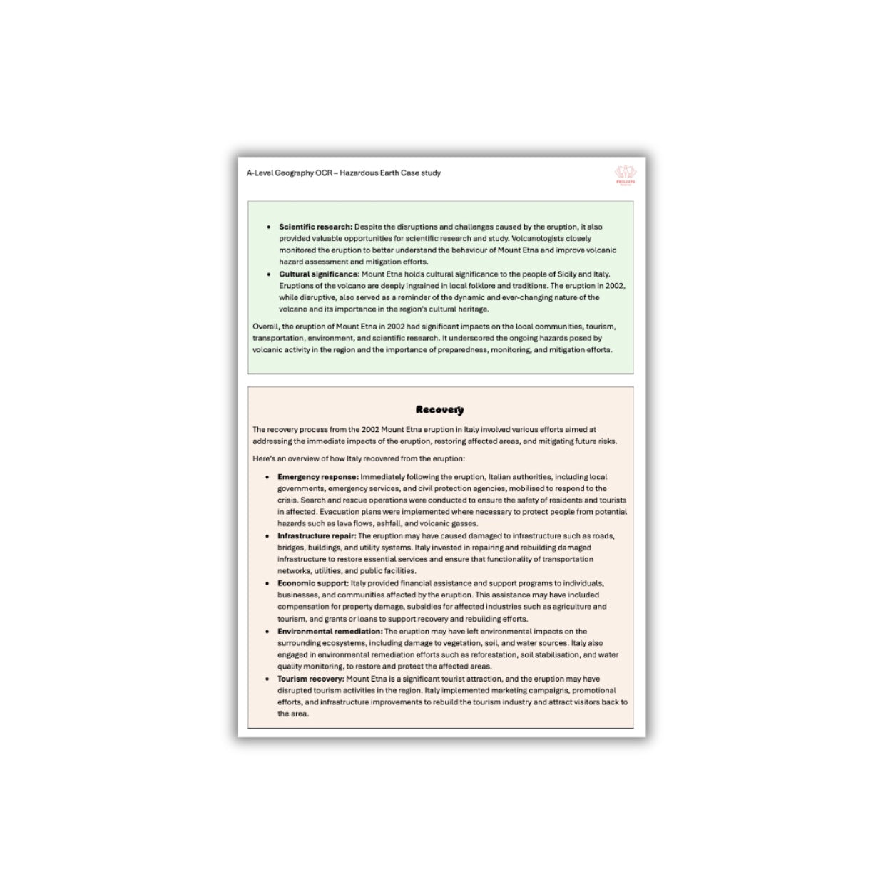 Mount Etna Hazardous Earth Case Study A-Level Geography OCR