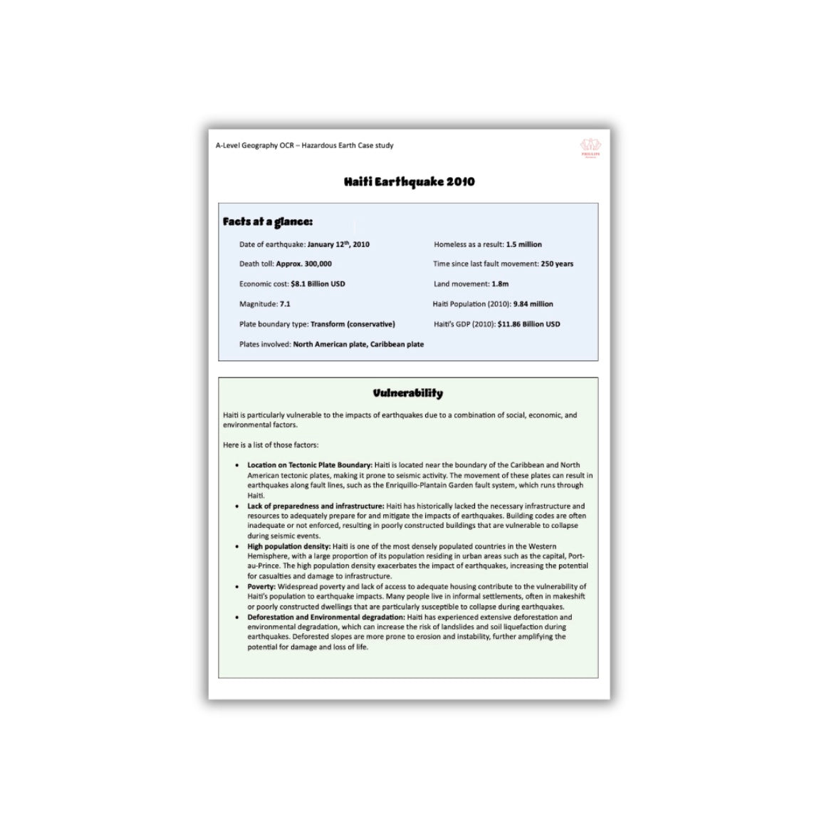 Haiti hazardous earth Case Study A-Level Geography OCR