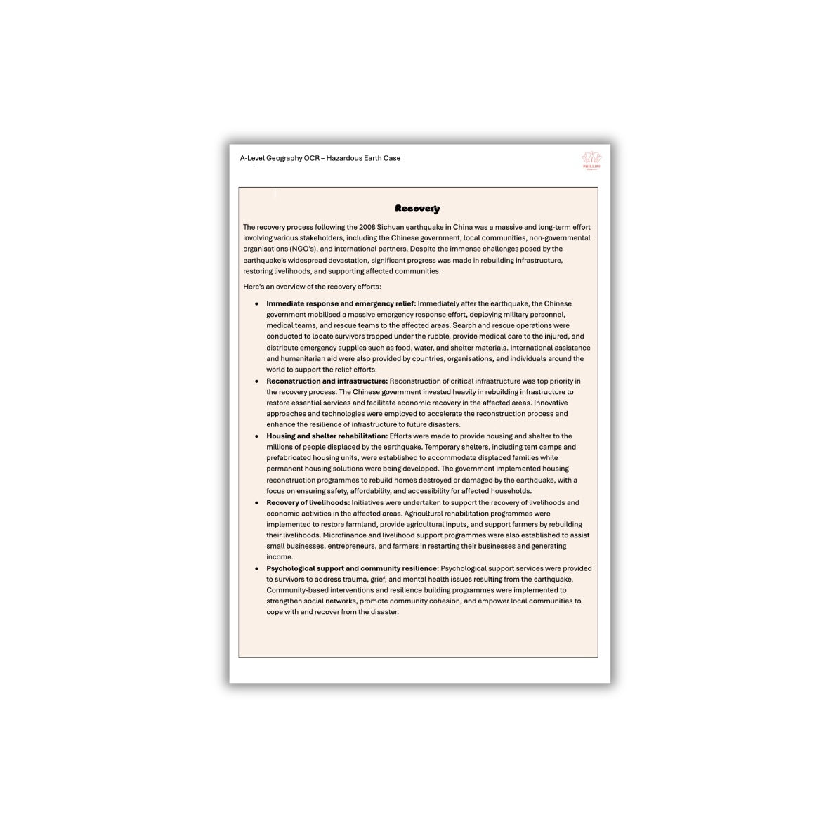 China Hazardous Earth Case Study A-Level Geography OCR